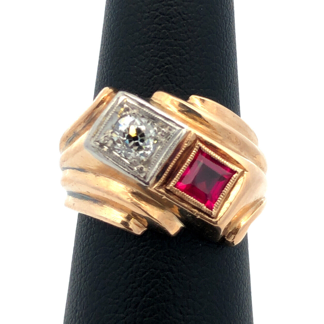 Art Deco 14K Yellow Gold Princess Ruby Round Diamond Statement Cocktail Ring