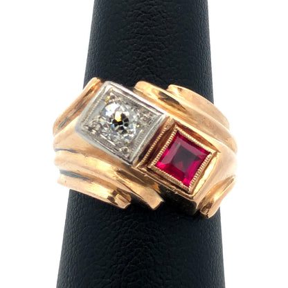 Art Deco 14K Yellow Gold Princess Ruby Round Diamond Statement Cocktail Ring