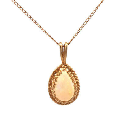 Designer 14K Yellow Gold Pear White Opal Pendant Chain Necklace