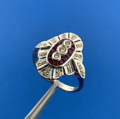 14K White Gold Art Deco WMJ Ruby Diamond Accented Engagement Cocktail Ring