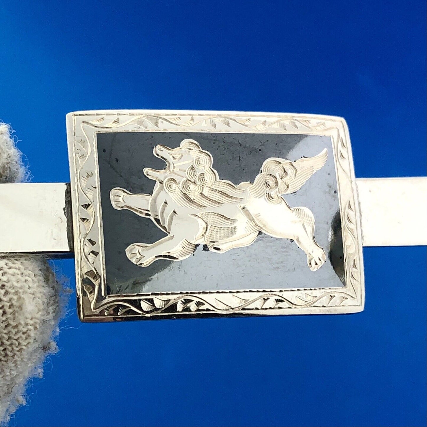 Art Deco Art Nouveau Mens 925 Sterling Silver Black Onyx Winged Lion Tie Tac Bar