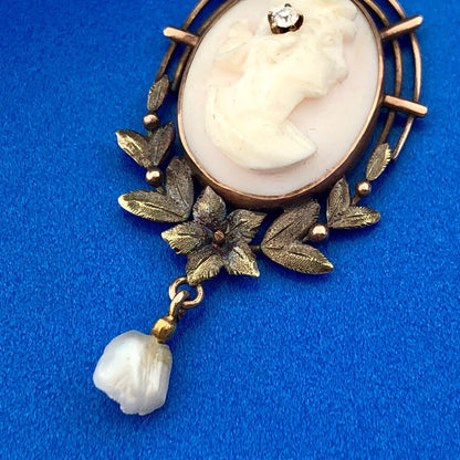 Victorian 10K Rose/Yellow Gold Pink Cameo Pearl Diamond Lavaliere Brooch Pendant