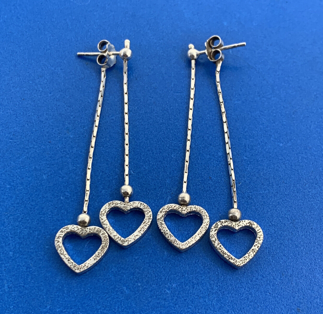 Vintage Italy 925 Sterling Silver Double Heart Drop Dangle Chain Stud Earrings