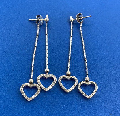 Vintage Italy 925 Sterling Silver Double Heart Drop Dangle Chain Stud Earrings