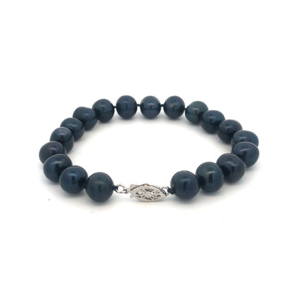 Gorgeous 14k White Gold Black Pearl 7.5" Strand String Bracelet