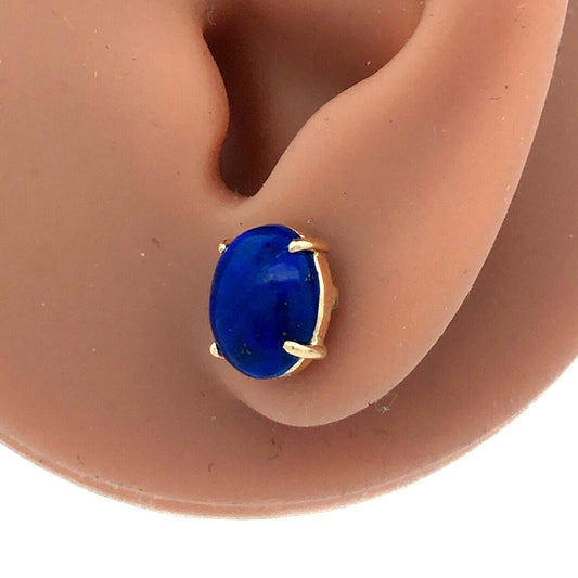 14K Yellow Gold Oval Cabochon Blue Lapis Lazuli Solitaire Stud Earrings