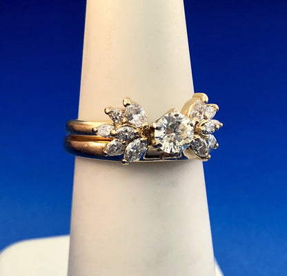 14K Yellow Gold Diamond Solitaire Floral Accent Guard Engagement Bridal Ring Set