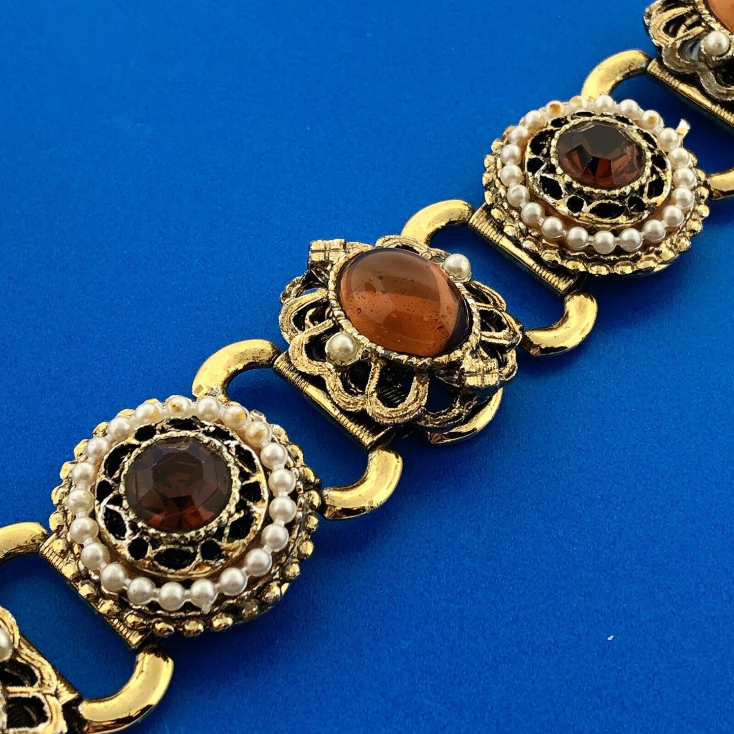 Vintage Gold Tone Seed Pearl Amber Glass Black Enamel Statement Panel Bracelet