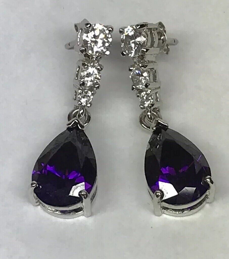 Designer Sterling Silver 925 Purple White Cubic Zirconia Statement Drop Earrings