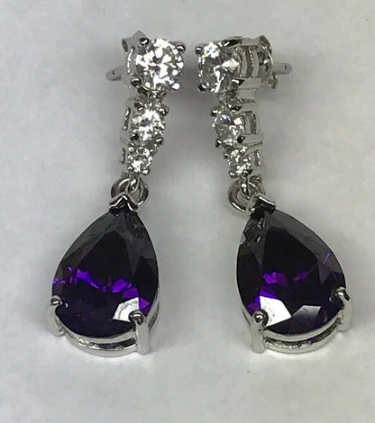 Designer Sterling Silver 925 Purple White Cubic Zirconia Statement Drop Earrings
