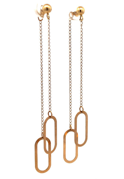 14K Yellow Gold Designer CU Modernist Oval Chain Dangle Stud Earrings