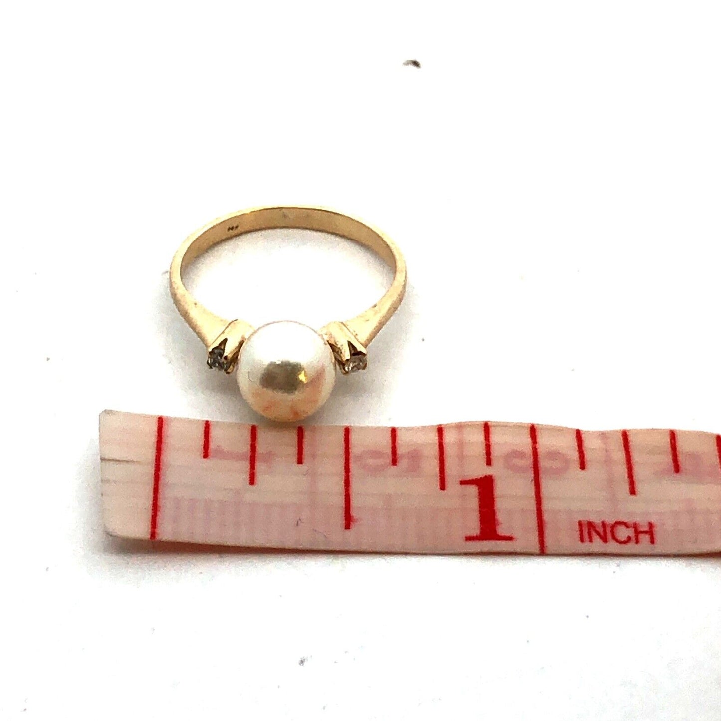 Estate 14K Yellow Gold Round White Pearl Solitaire Diamond Anniversary Ring