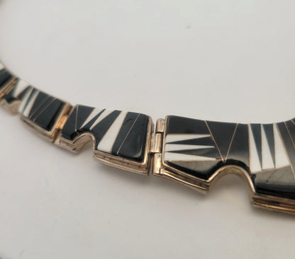 Navajo Calvin Begay Sterling Silver Black Onyx White Agate Cabochon Necklace