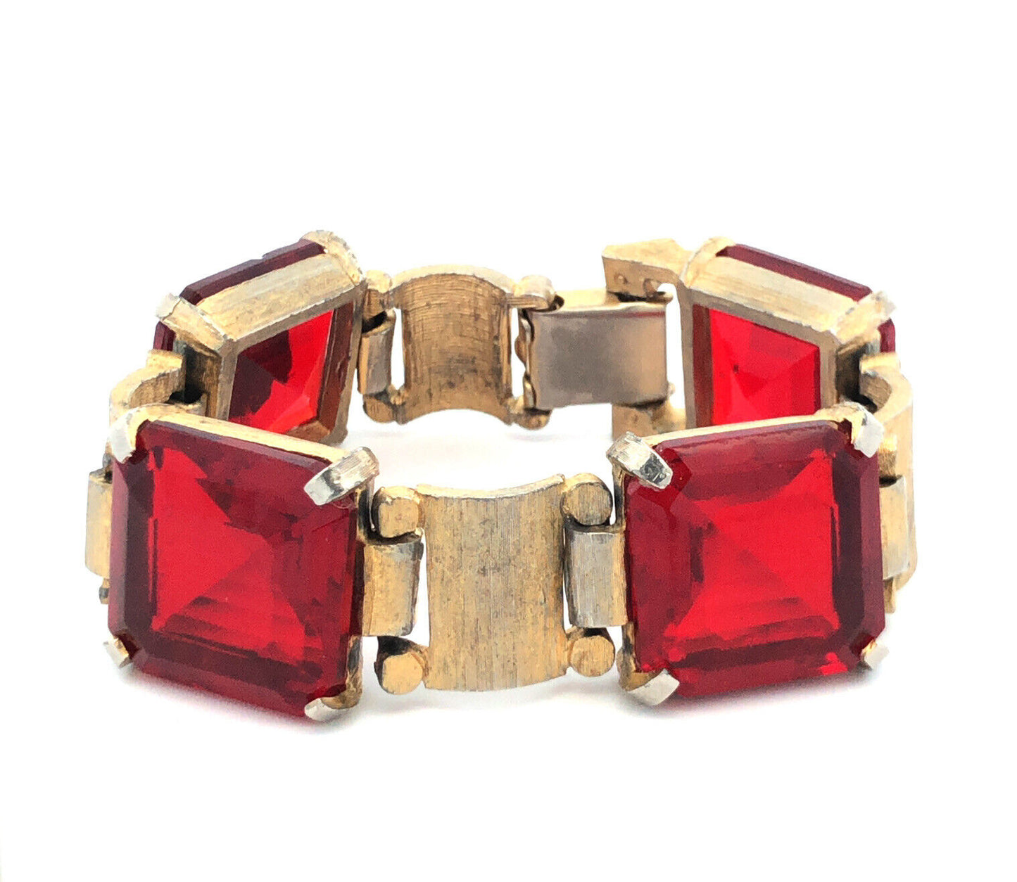 Chunky Funky 70's Runway Couture Gold Tone Square Red Glass Modernist Bracelet