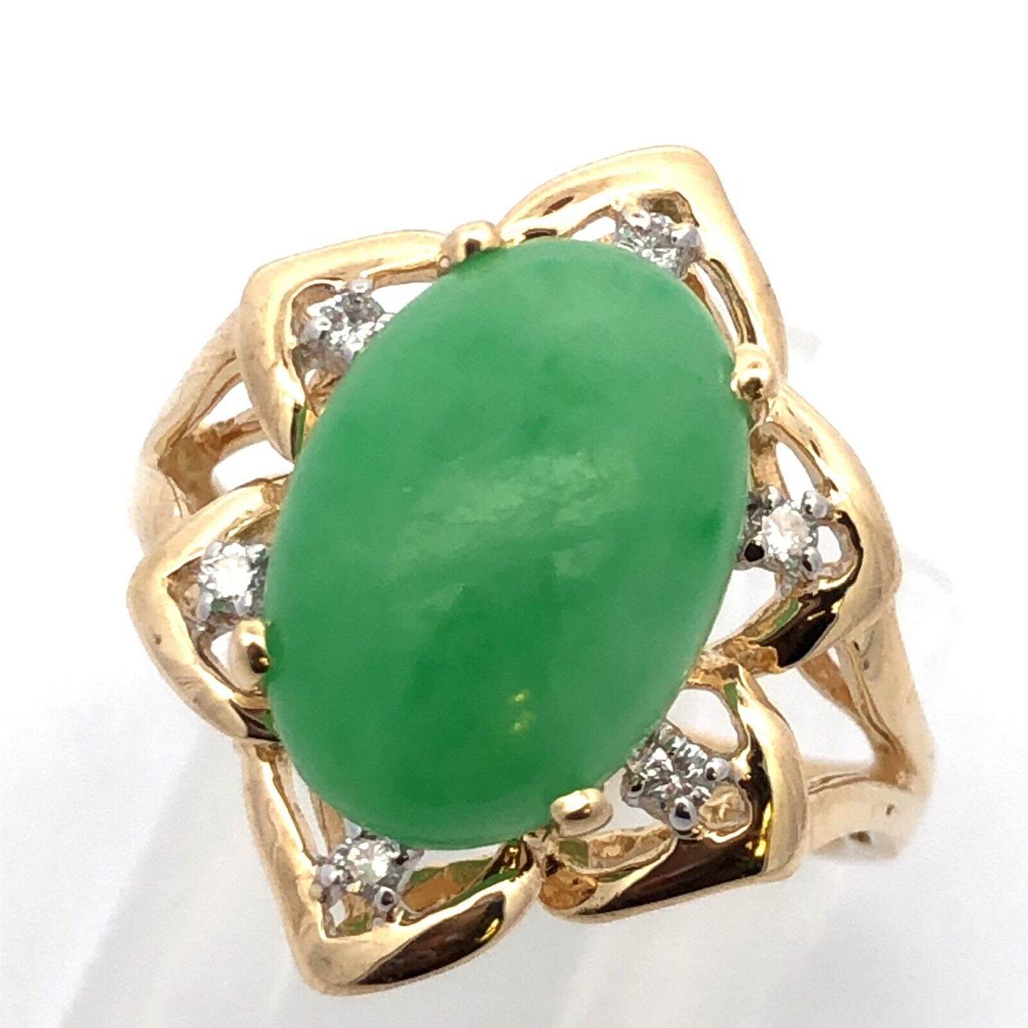 Designer 14K Yellow Gold Oval Jade Cabochon Diamond Accent Cocktail Ring