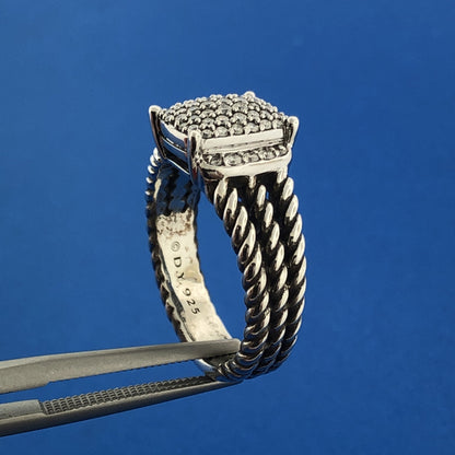 David Yurman 925 Sterling Silver Pave Diamond Petite Wheaton Classic Cable Ring