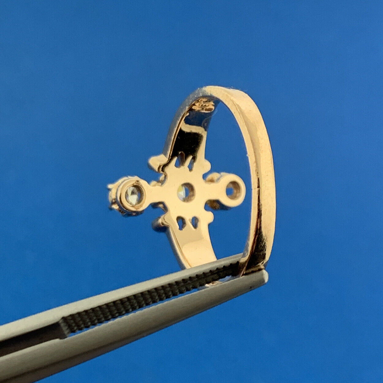 Art Deco Heirloom 14K Yellow Gold Diamond Trio Black Enamel Cocktail Ring