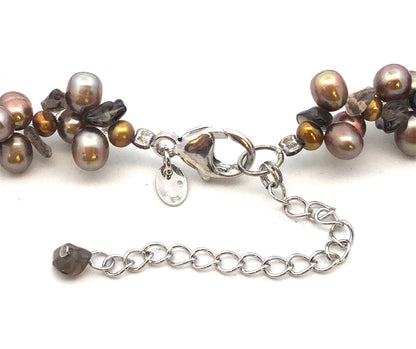 Designer 925 sterling Silver Bronze Pearl Smoky Topaz Cluster Statement Necklace