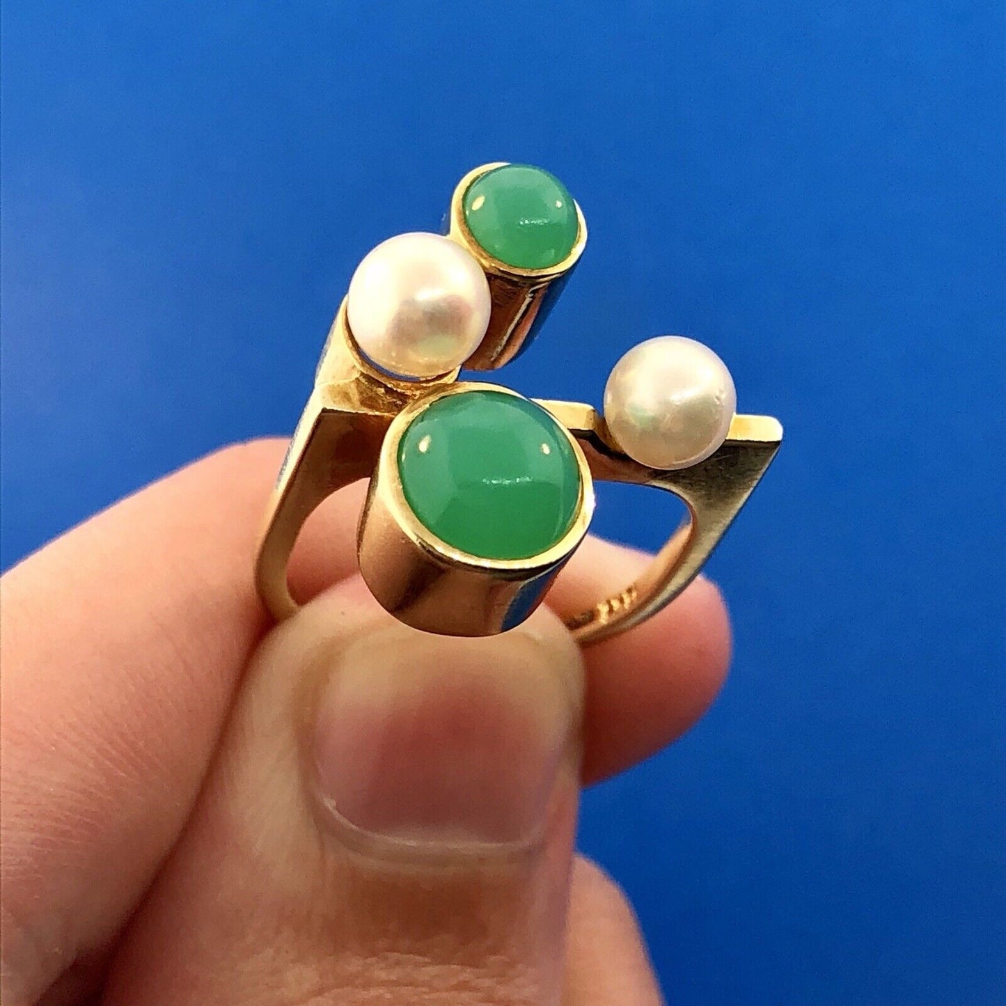 Retro 14K Germany Pearl Tourmaline Modernist Abstract Free Form Cocktail Ring