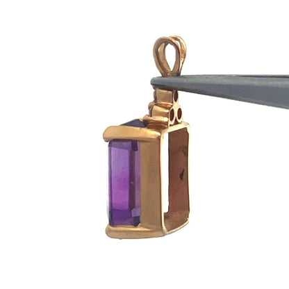 Vintage Designer 14K Yellow Gold Emerald Cut Amethyst Diamond Accent Pendant