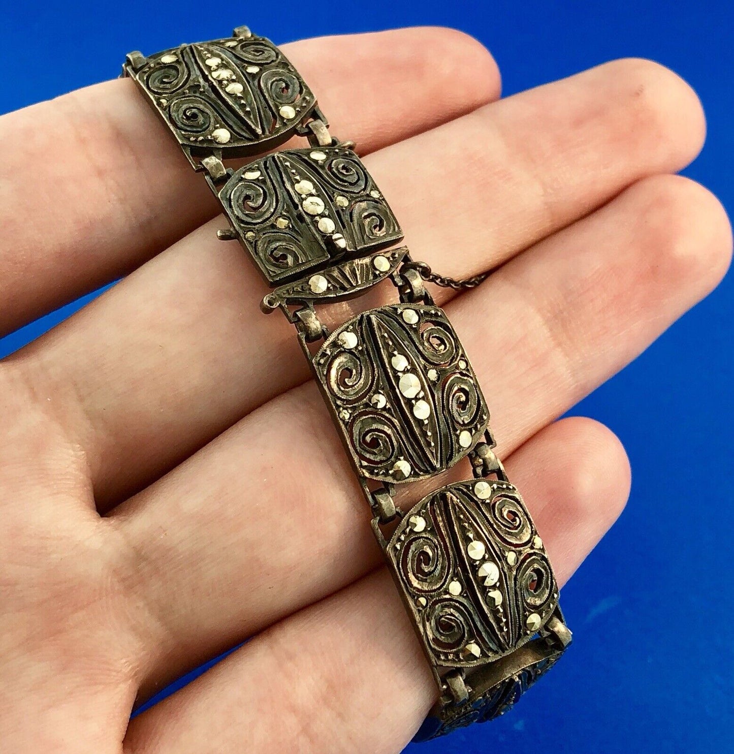 Art Deco Germany 925 Sterling Silver Marcasite Filigree Scroll Panel Bracelet