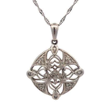 14K White Gold Diamond Filigree Cutout Bridal Pendant Anniversary Necklace