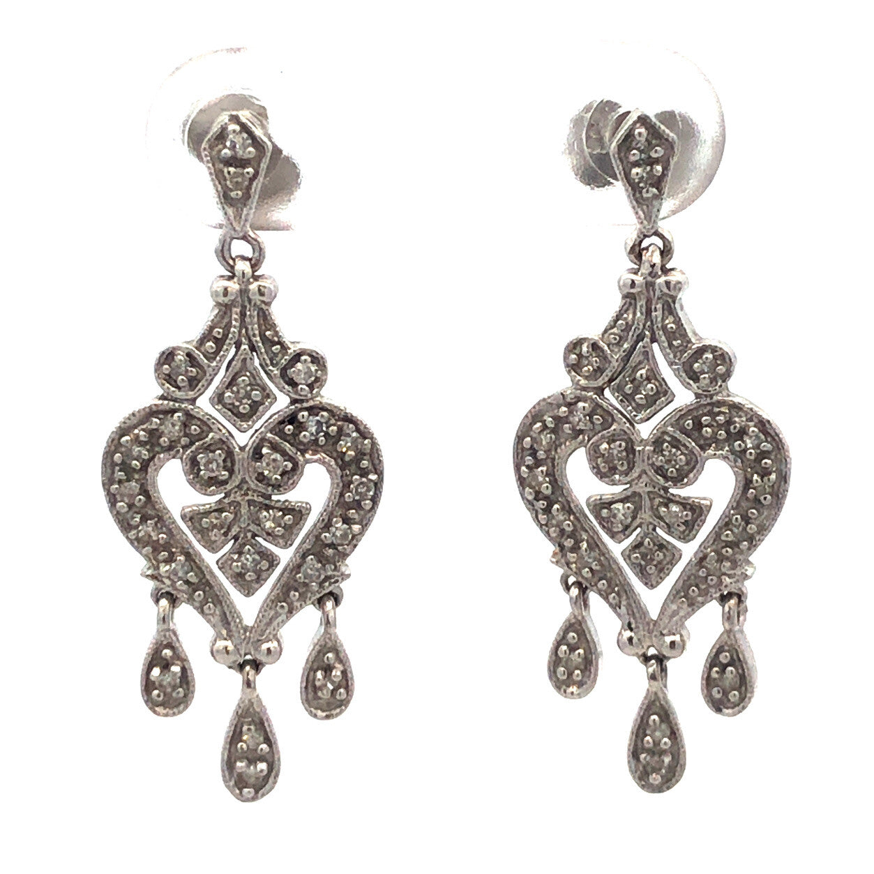 Estate 14K White Gold Diamond Filigree Drop Dangle Chandelier Heart Earrings