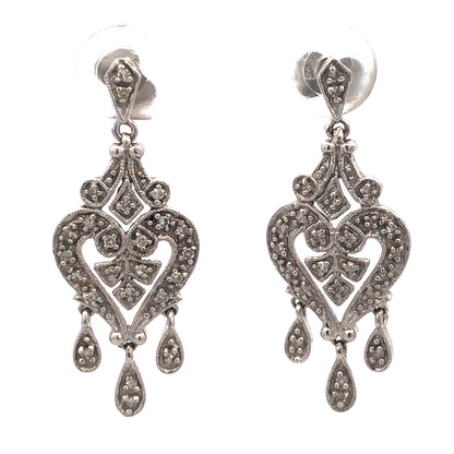 Estate 14K White Gold Diamond Filigree Drop Dangle Chandelier Heart Earrings