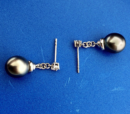Stunning 14K White Gold Black Pearl Diamond Dangle Drop Earrings