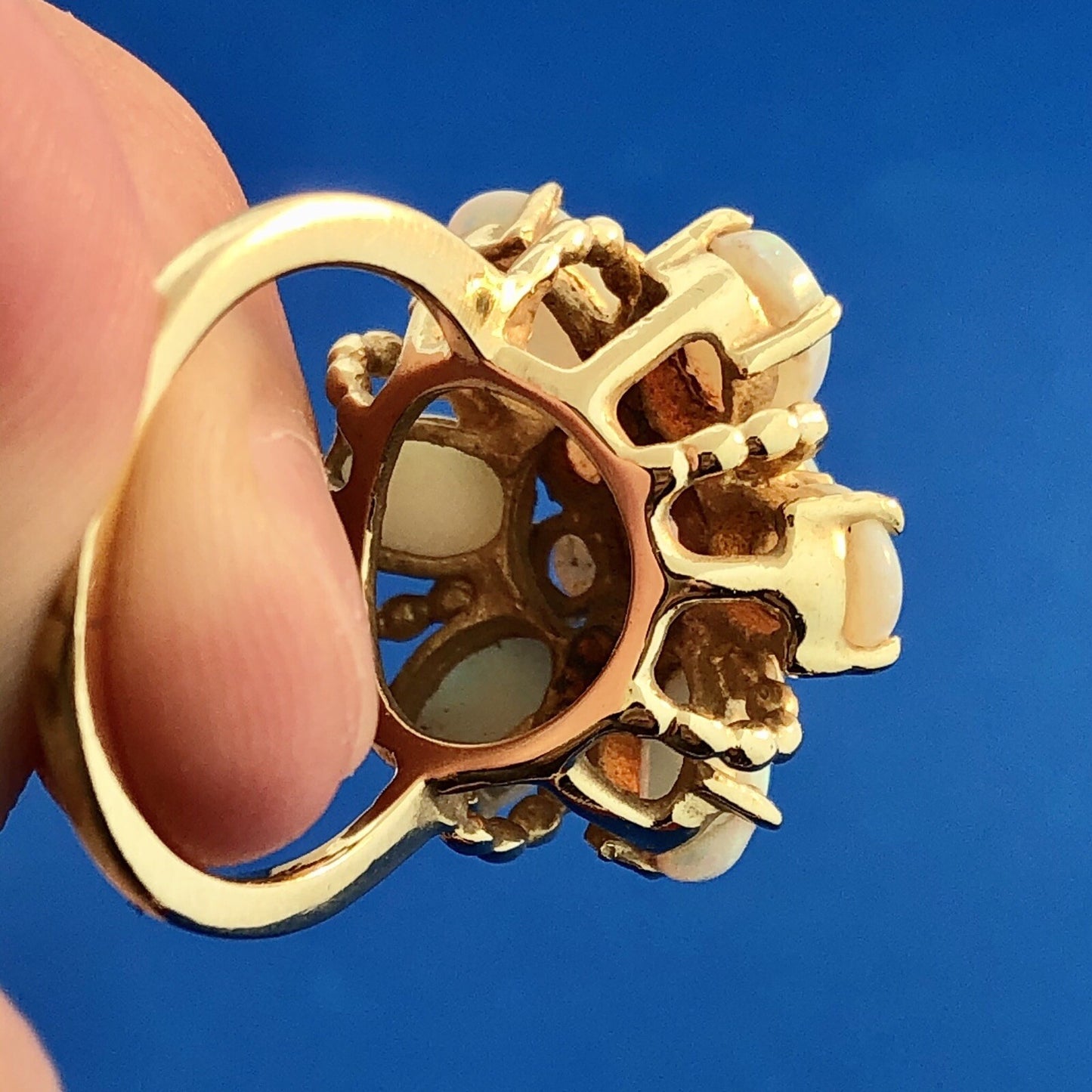 Stunning Vintage 14K Yellow Gold Opal Flower Cluster October Cocktail Ring