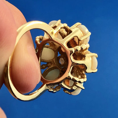 Stunning Vintage 14K Yellow Gold Opal Flower Cluster October Cocktail Ring