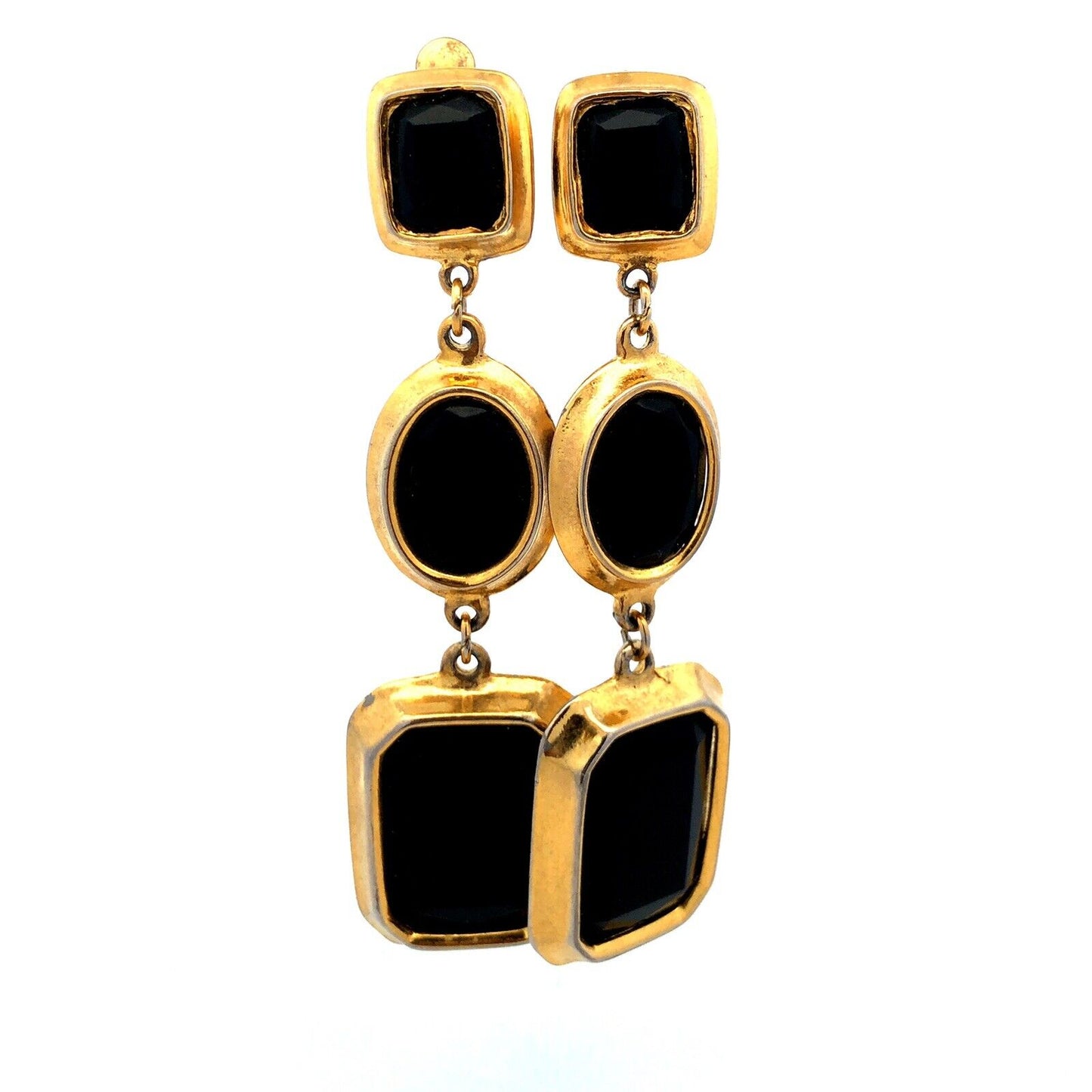 Vintage Runway Gold Tone Black Faceted Glass Statement Dangle Clip Earrings