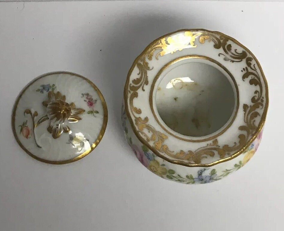 Vintage Dresden Hand Painted Gold Leaf Floral Lidded Cup/Pot No Saucer Inkwell