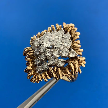 Vintage 14K Yellow Gold Diamond Waterfall Cluster Statement Cocktail Ring