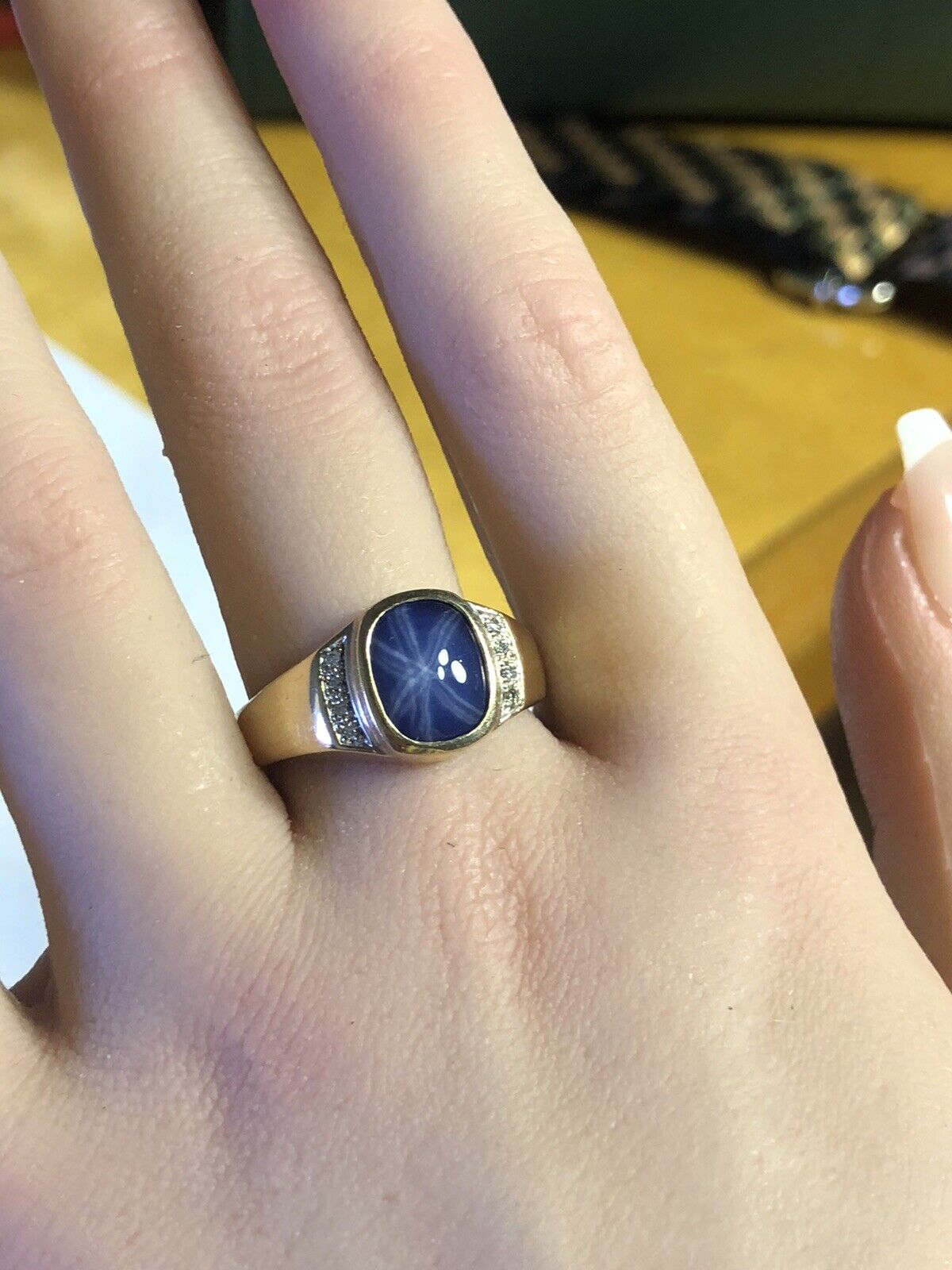 Vintage 10K Yellow Gold Blue Star Sapphire Diamond Unisex Statement Ring