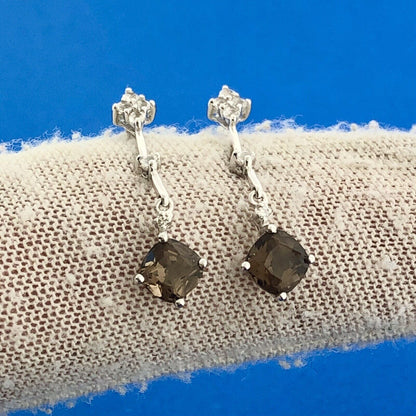 Gorgeous 14k White Gold Cushion Smoky Quartz White Accent Dangle Stud Earrings