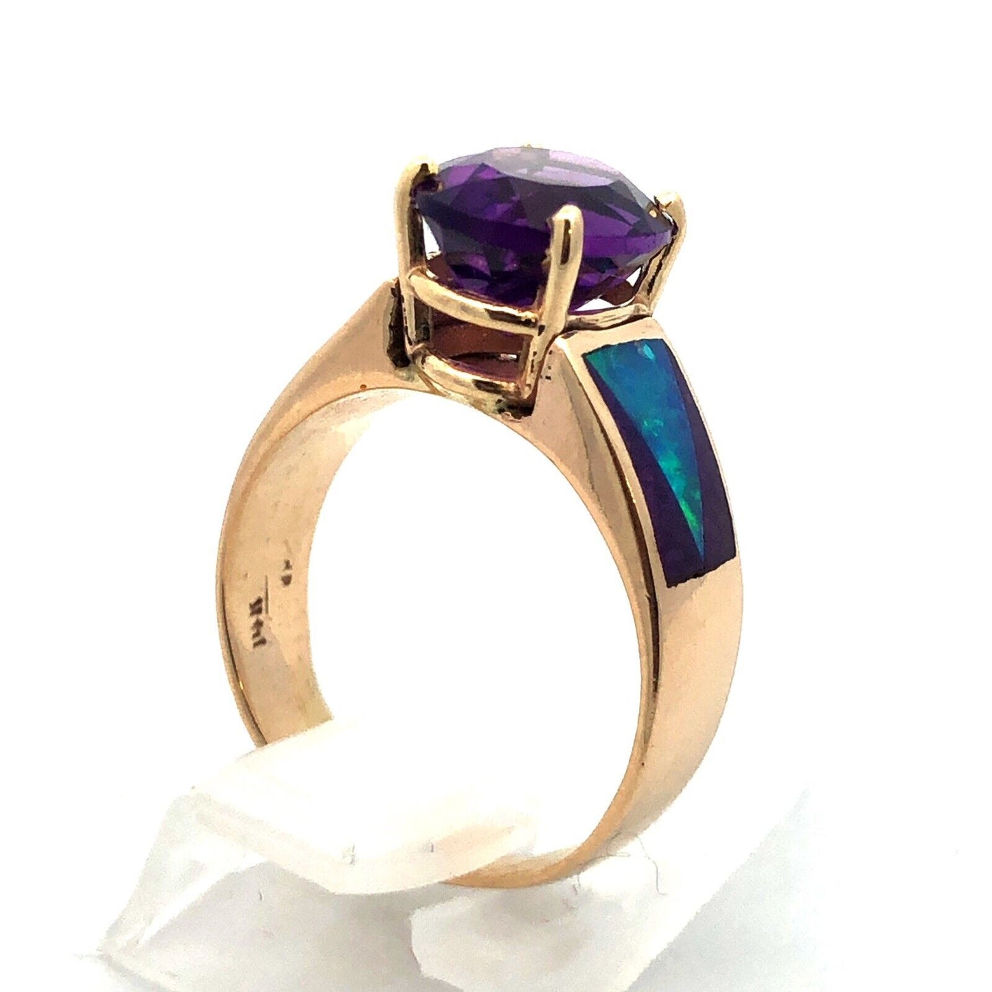 Vintage 14K Yellow Gold Oval Amethyst Opal Inlay Purple Enamel Cocktail Ring