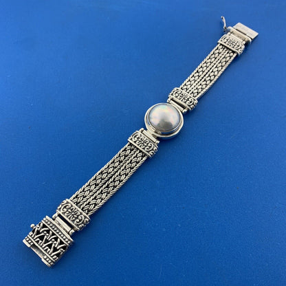 Designer Sterling Silver Mabe Pearl Cabochon Balinese Style Statement Bracelet