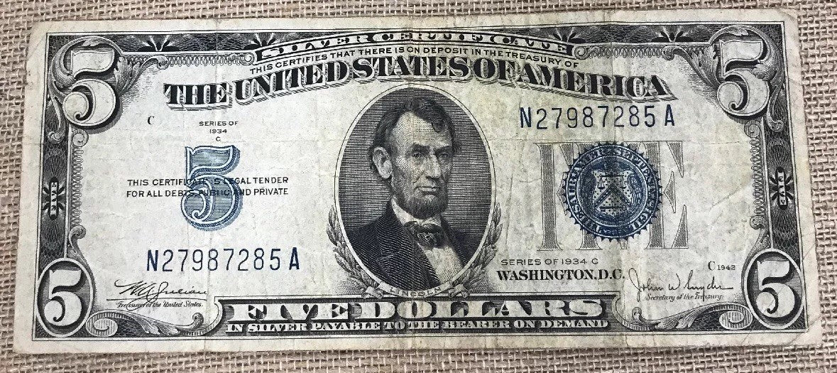 1934 C $5 United States Silver Certificate Julian/Snyder Fr. 1653