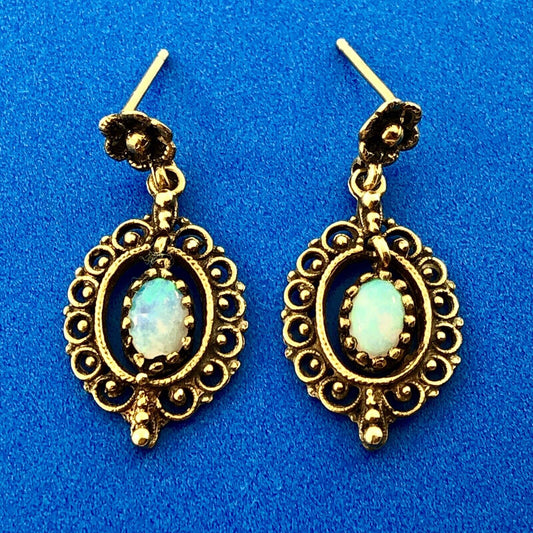 Art Deco 14K Yellow Gold Opal Bead Scroll Floral Open Work Drop Dangle Earrings
