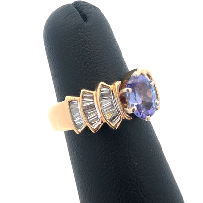 Designer 14K Yellow Gold Oval Tanzanite Diamond Baguette Accented Statement Ring