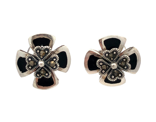 Estate Sterling Silver Black Onyx Inlay Marcasite 4 Leaf Clover Stud Earrings