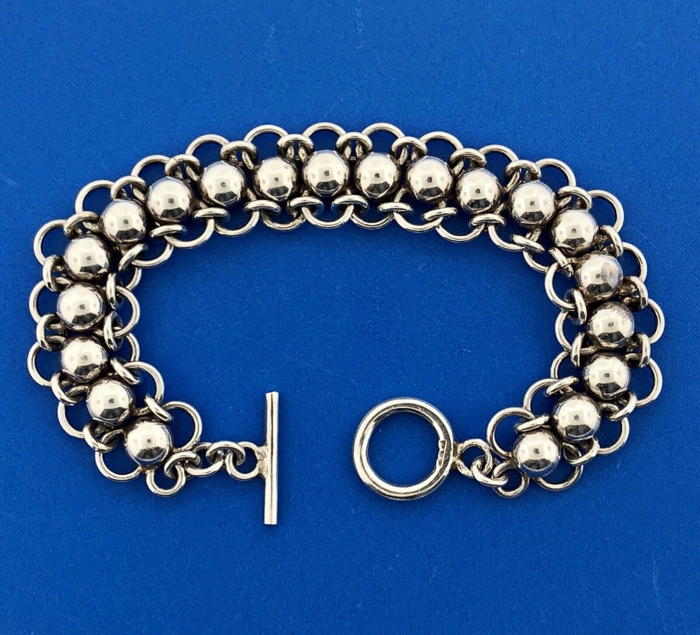 Vintage Sterling Silver 925 Bead Ball Open Work Statement Toggle Bracelet