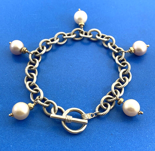 Estate 925 Sterling Silver 14K Gold Accented Pearl Charm Toggle Bracelet