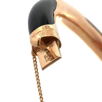 Vintage 14K Yellow Gold Black Onyx Engraved Round Hinged Bangle Bracelet
