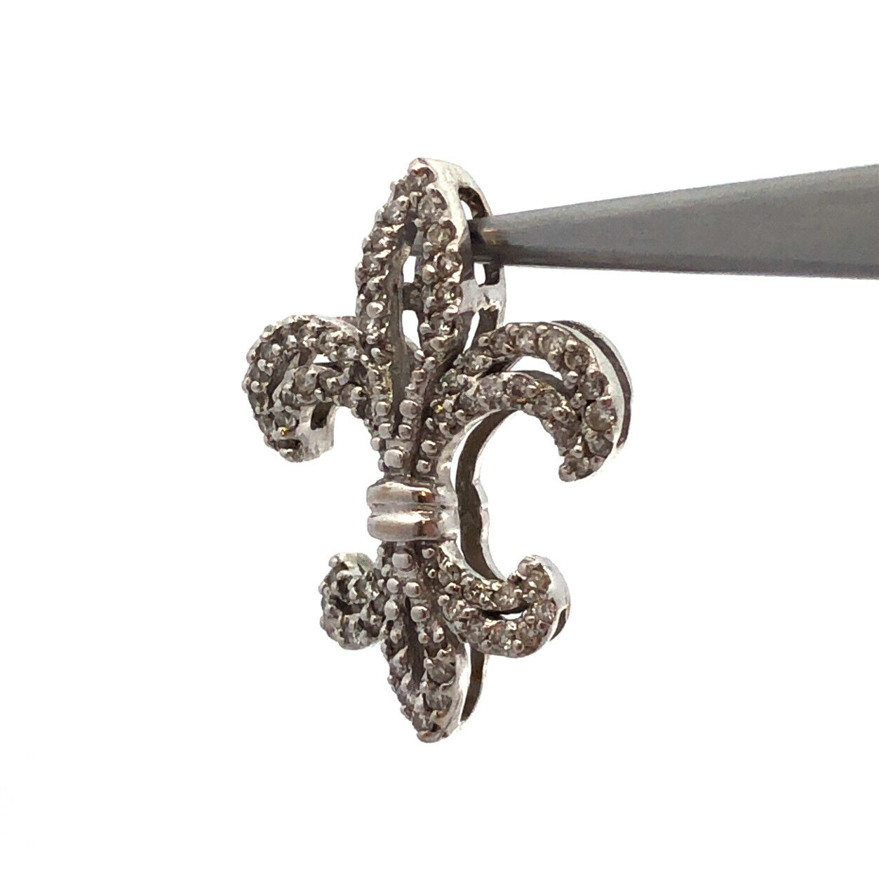 Designer 14K White Gold Diamond Encrusted Fleur De Lis Slide Pendant