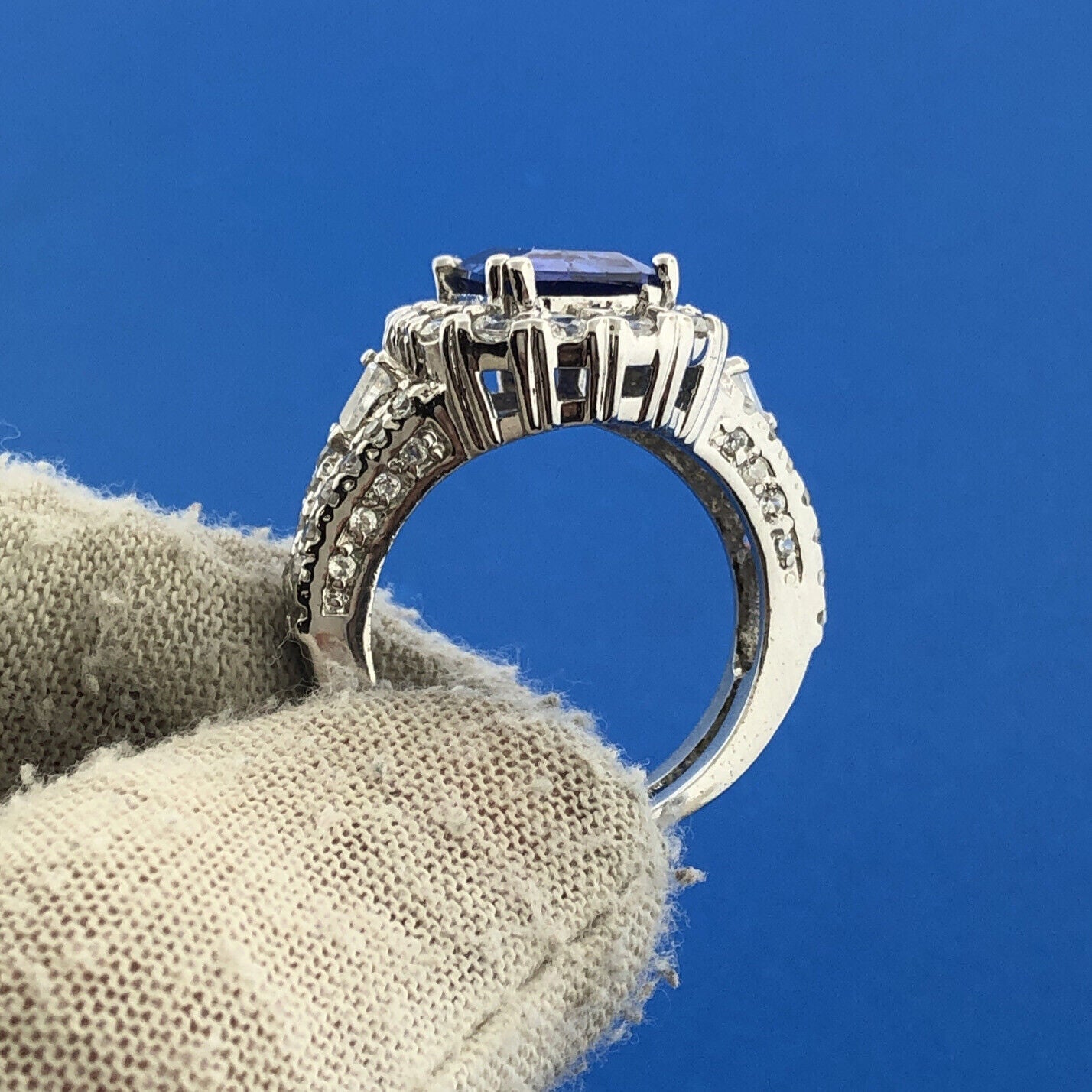 Dramatic 925 Sterling Silver Rectangle Blue Tourmaline CZ Accent Statement Ring