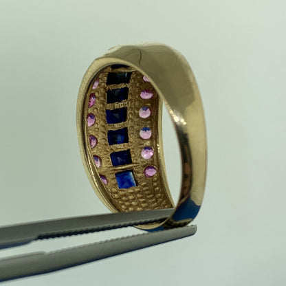 14K Yellow Gold Princess Sapphire Round Ruby Accented Statement Band Ring