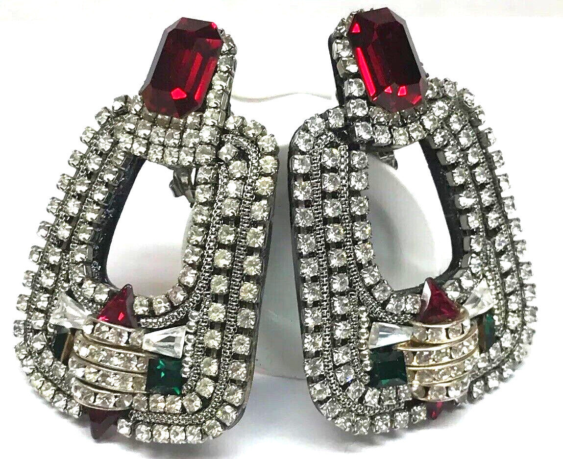 Original M&J Hansen '89 Signed Red Green Crystal Rhinestone Runway Clip Earrings