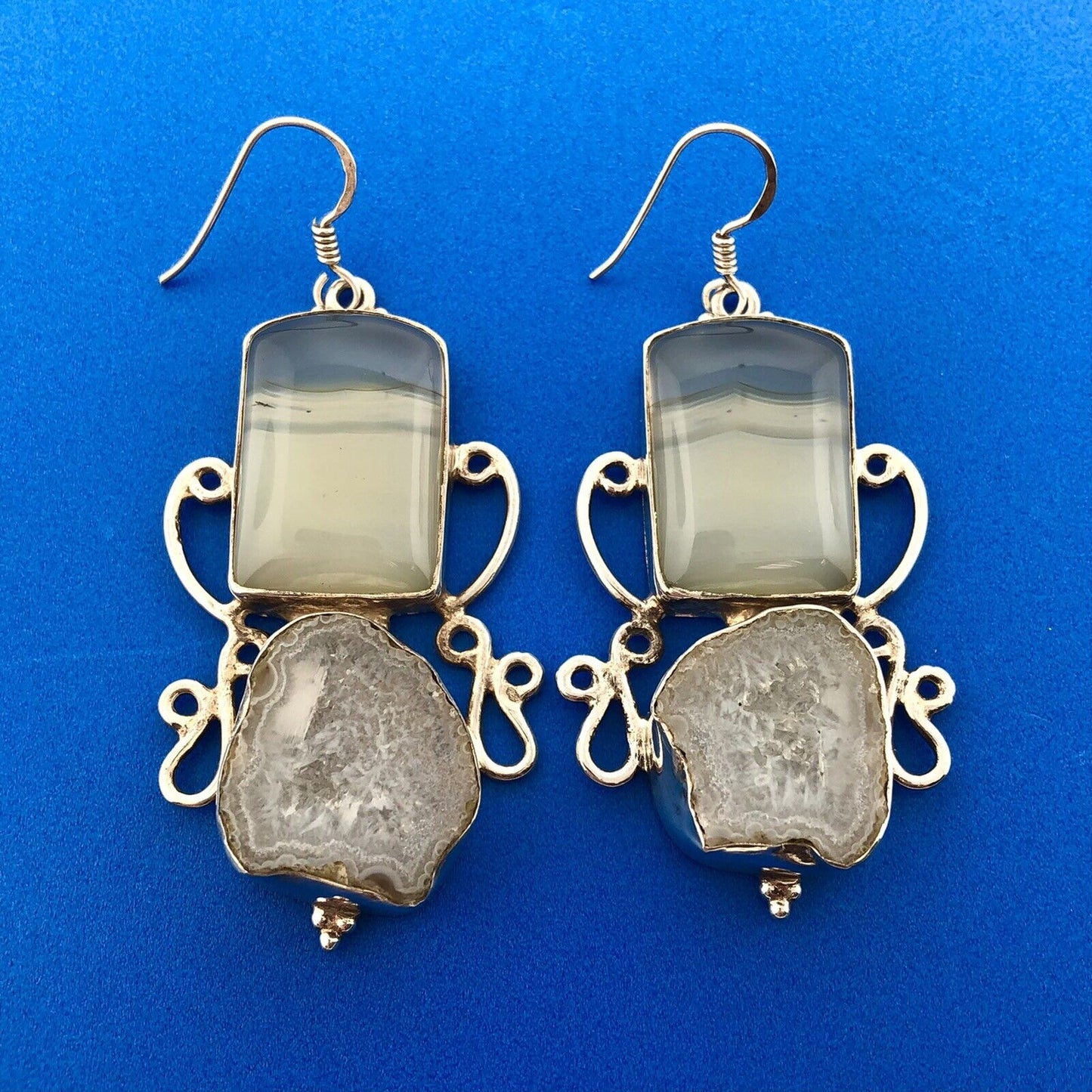 Sterling Silver 925 Banded Agate Grey Druzy Quartz Statement Dangle Earrings